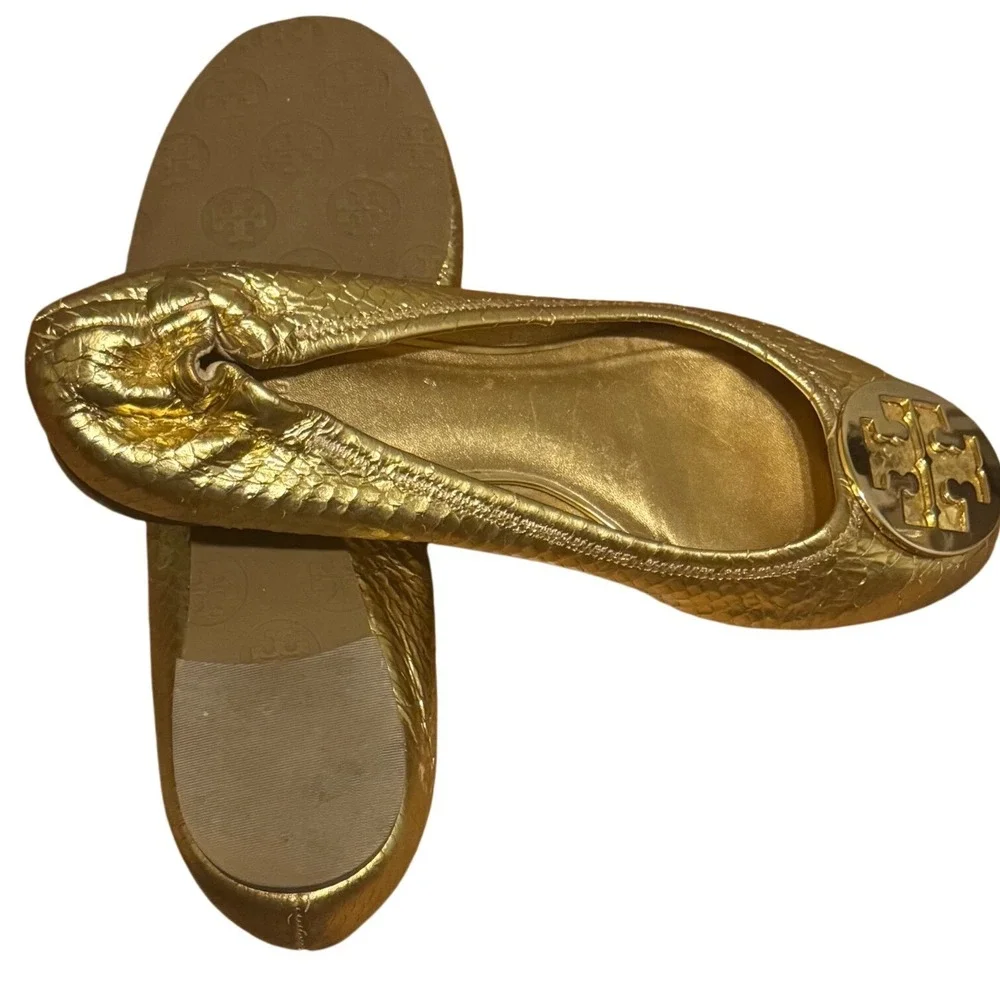 Tory Burch Reva Gold Metallic Fish Scales Ballet Flats Soft Leather Medallion 9M